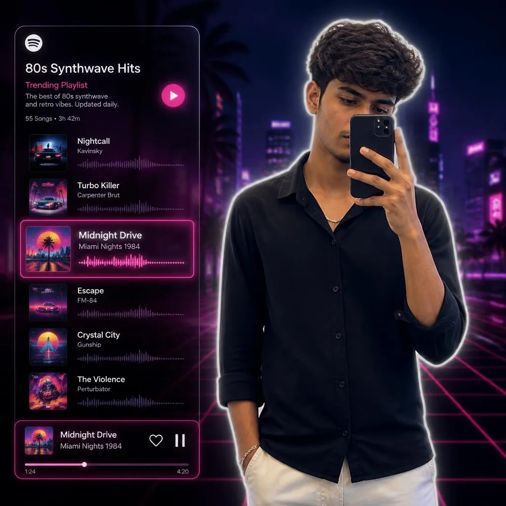 80s Synthwave Vibes: A Neon Retro Spotify Poster – cinematic ai prompts – AI generated example