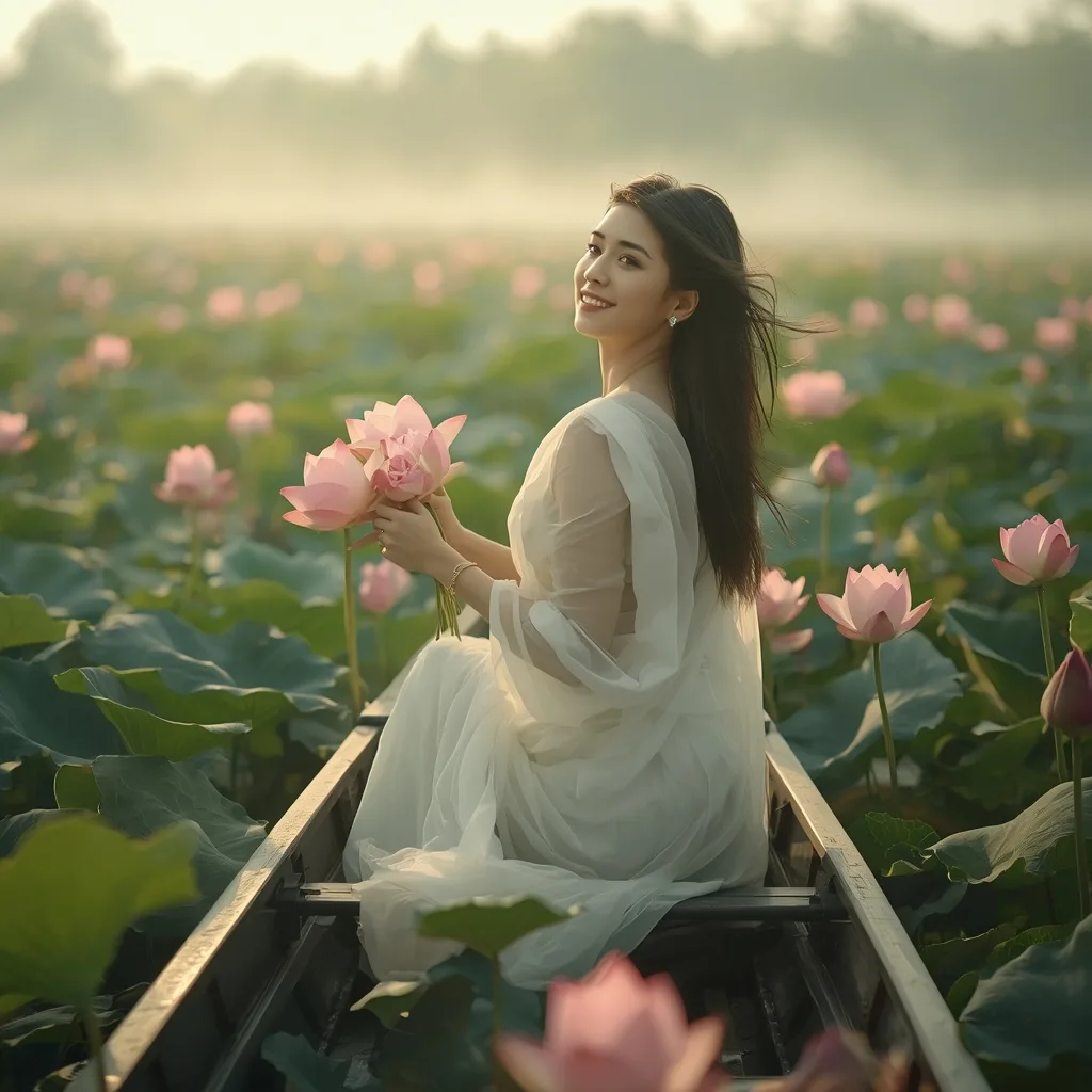 A Serene Woman's Ethereal Journey on a Lotus Lake – Girl in Saree Pic in English Image Clarity prompts – AI generated example