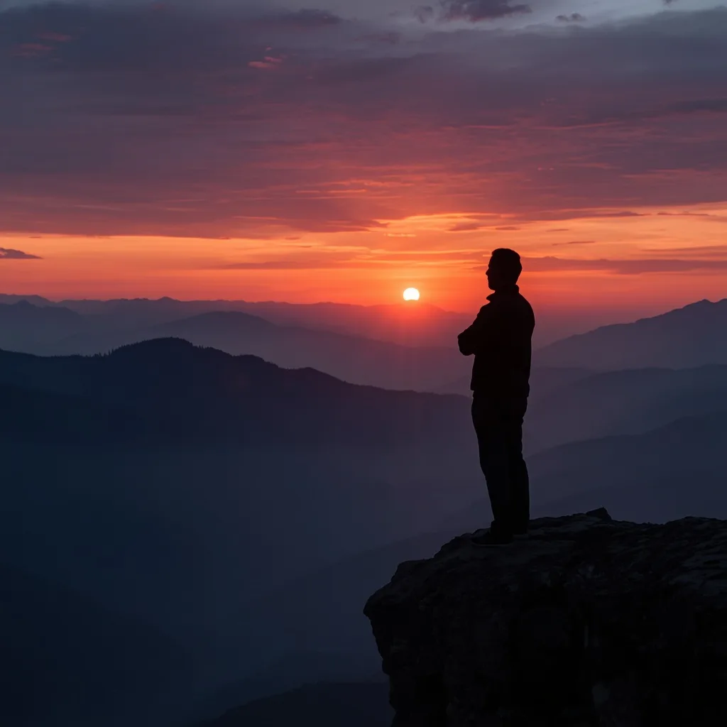 A Thoughtful Man Silhouetted Against a Mountain Vista at Sunrise – men's luxury lifestyle ai prompts – AI generated example