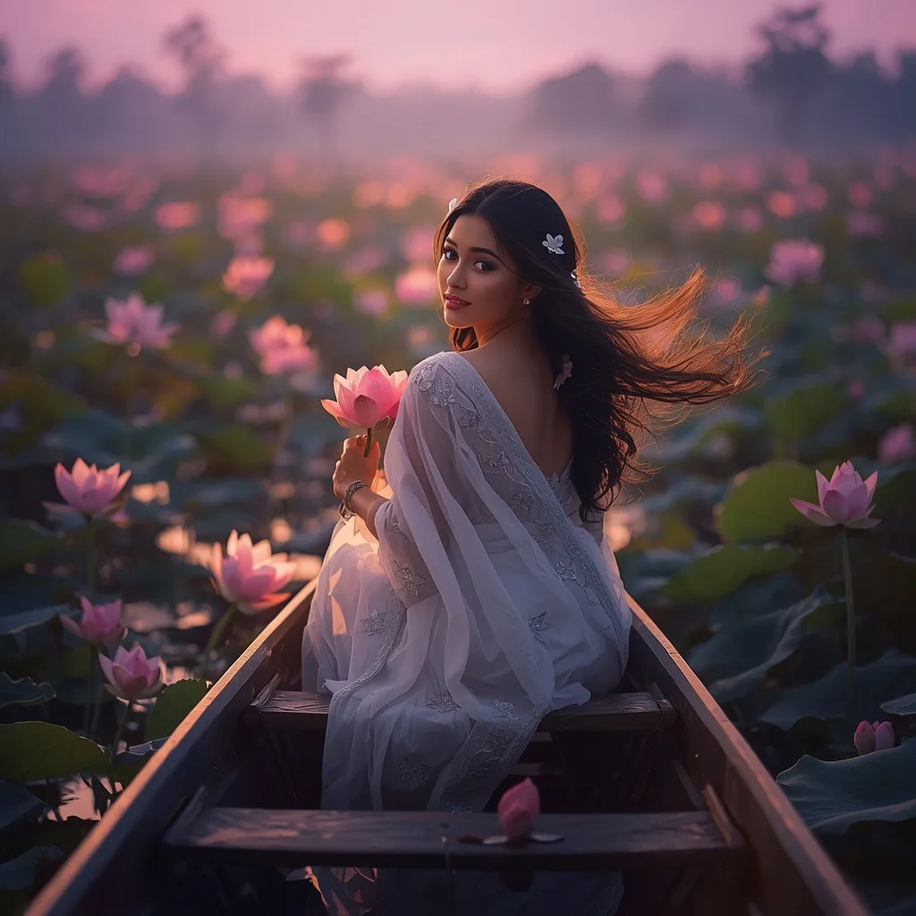 A Woman's Serene Evening Reflection on a Lotus Pond – Girl in Saree Pic in English Image Clarity prompts – AI generated example