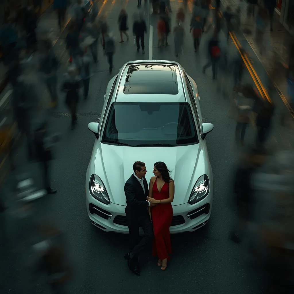 Aerial Cinematic Shot of a Couple Leaning Against a Luxury Car – Reflective Couple Lakeside Meditations prompts – AI generated example