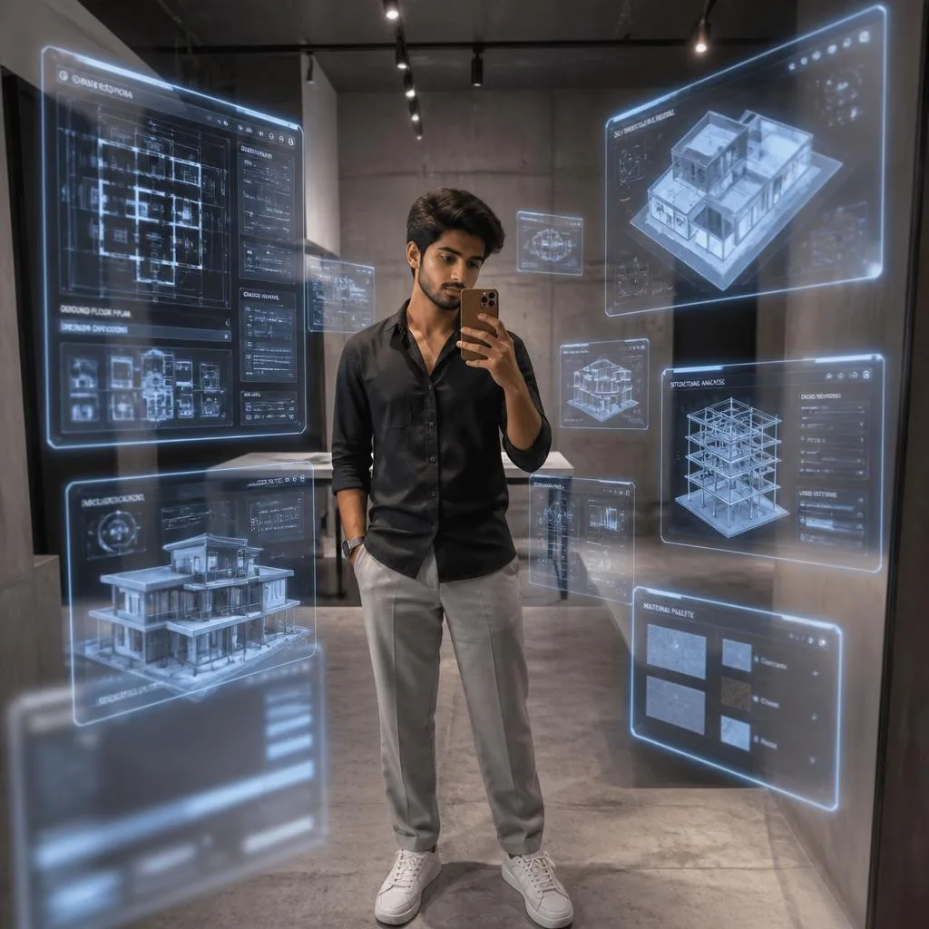 Architectural Blueprint Projections: A Designer's Selfie – cinematic ai prompts – AI generated example