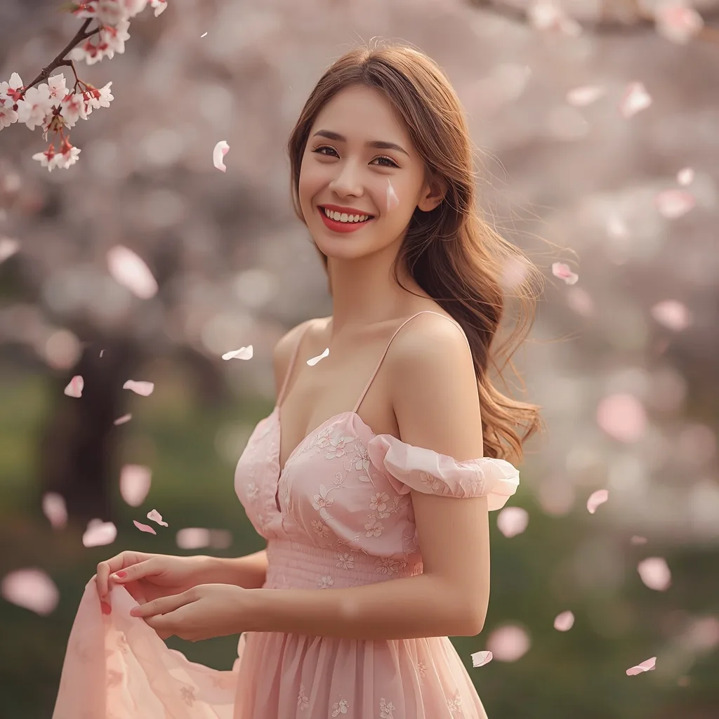 Beautiful Woman's Radiant Smile in a Cherry Blossom Garden – Indian Girl Authentic Rural Village Life prompts – AI generated example
