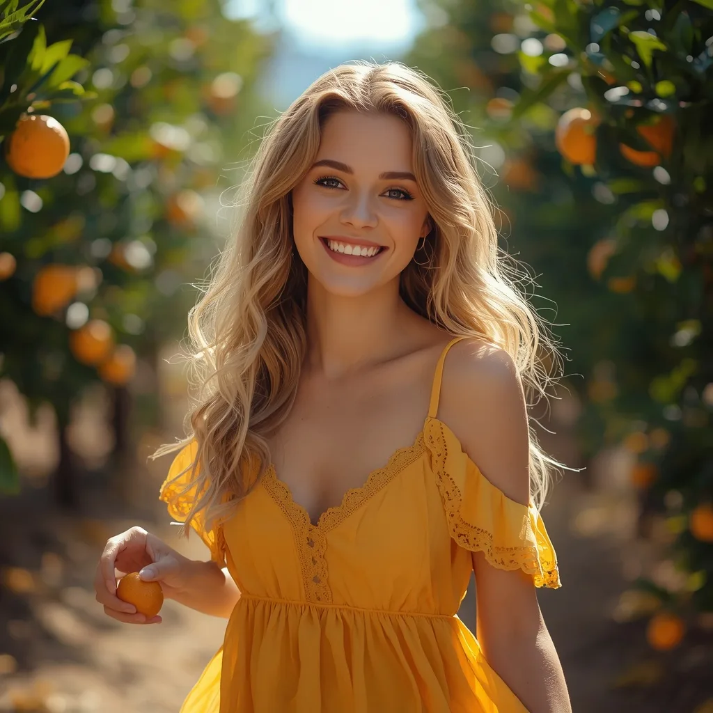 Beautiful Woman's Radiant Smile in an Orange Grove – Indian Girl Authentic Rural Village Life prompts – AI generated example
