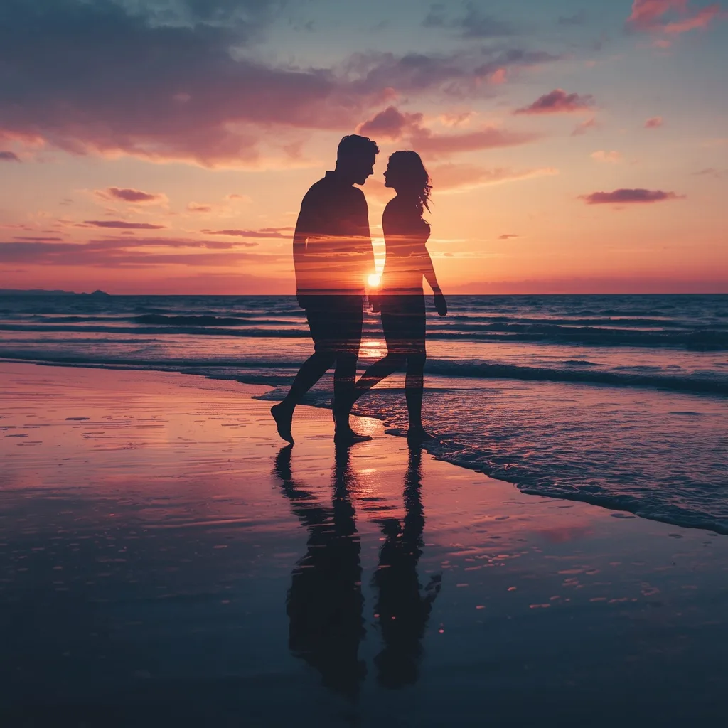 Cinematic Double Exposure of a Couple on a Sunset Beach – Reflective Couple Lakeside Meditations prompts – AI generated example