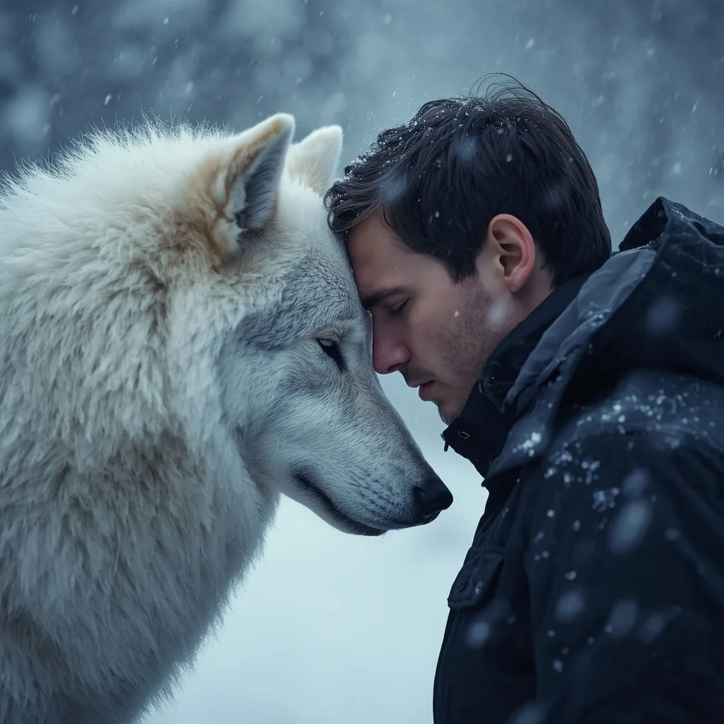 Cinematic Emotional Portrait of a Man and a White Wolf in a Snowy Forest – men's luxury lifestyle ai prompts – AI generated example