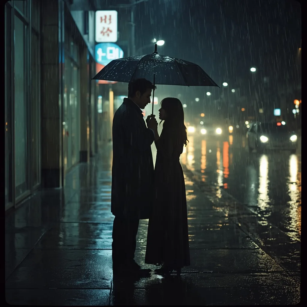 Cinematic Raining City Sidewalk Shot of a Romantic Couple – Reflective Couple Lakeside Meditations prompts – AI generated example