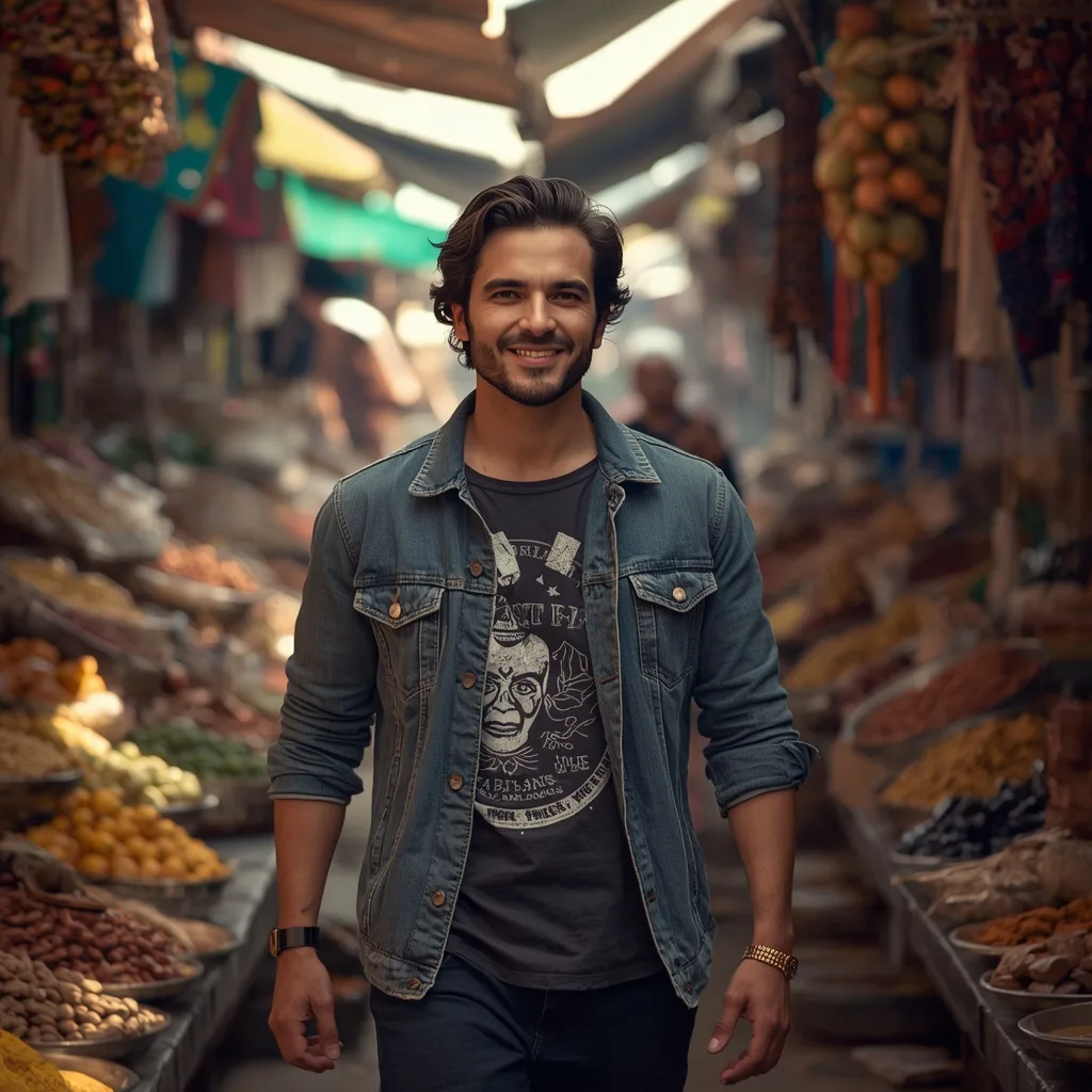 Confident Man in a Bustling Market with Vibrant Colors and Dynamic Movement – men's luxury lifestyle ai prompts – AI generated example