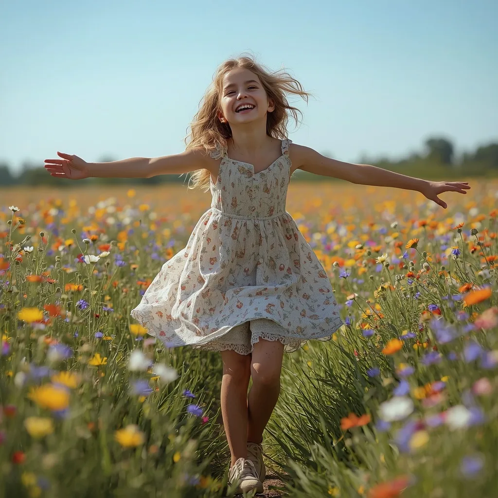 Cute Girl's Joyful Spin in a Field of Flowers – Indian Girl Authentic Rural Village Life prompts – AI generated example