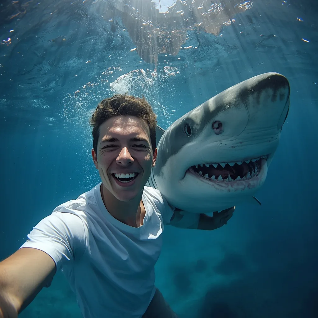 Daring Underwater Selfie: Man with a Great White Shark – men's luxury lifestyle ai prompts – AI generated example