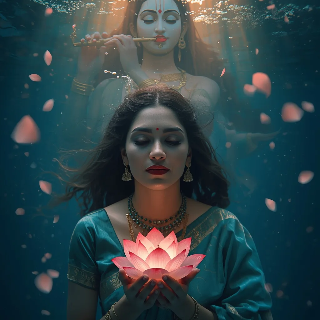 Divine Serenity: Woman Holding Lotus Beneath Krishna's Gaze – Girl in Saree Pic in English Image Clarity prompts – AI generated example