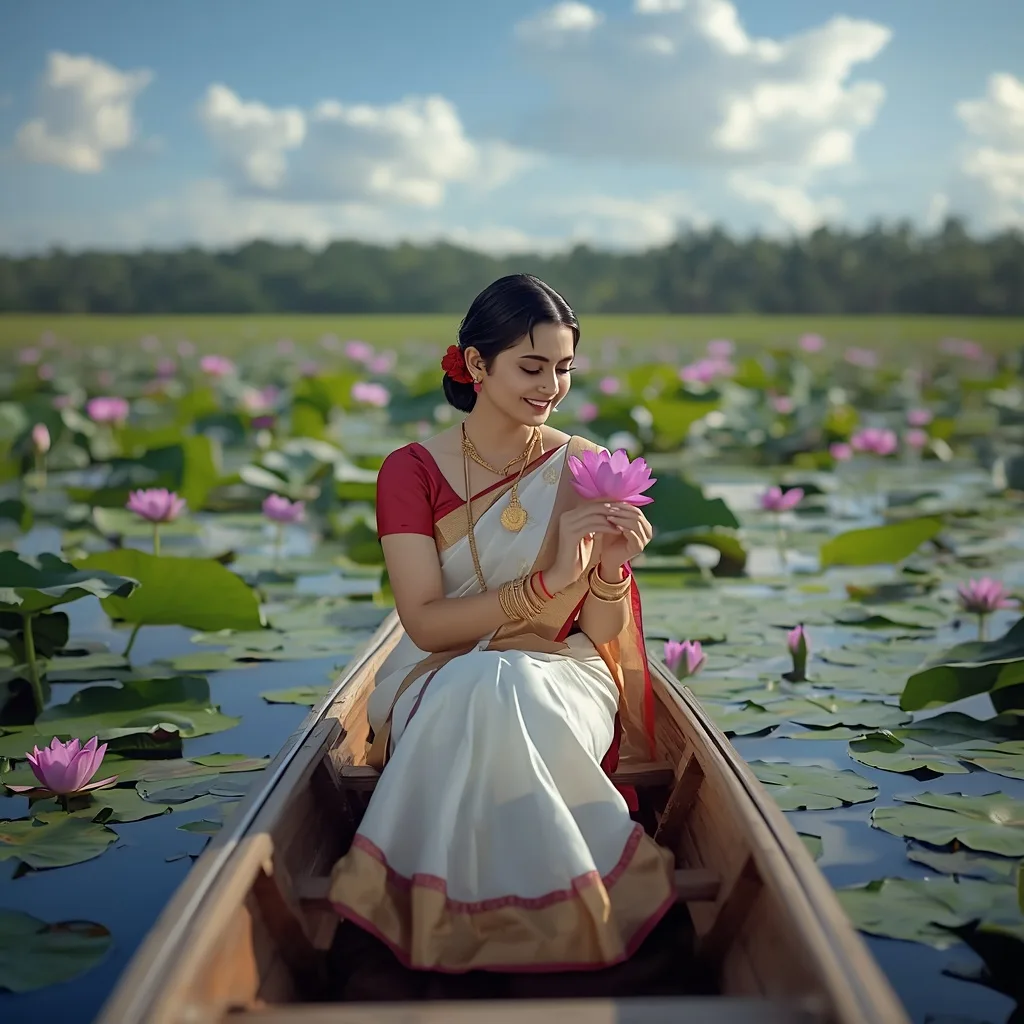 Elegant Woman Adorned in Saree Amidst Lotus Blooms – Girl in Saree Pic in English Image Clarity prompts – AI generated example