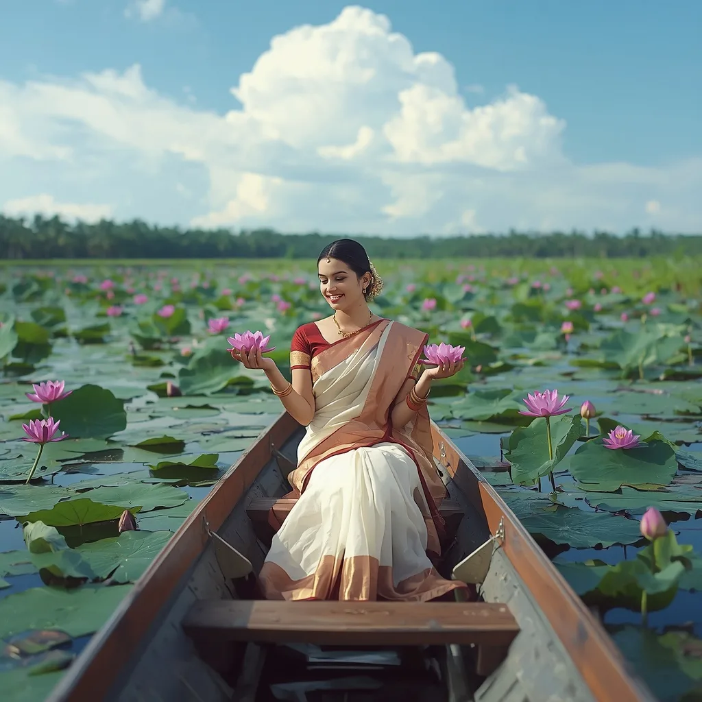 Graceful Woman Adorned in Saree Amidst Lotus Blossom Serenity – Girl in Saree Pic in English Image Clarity prompts – AI generated example