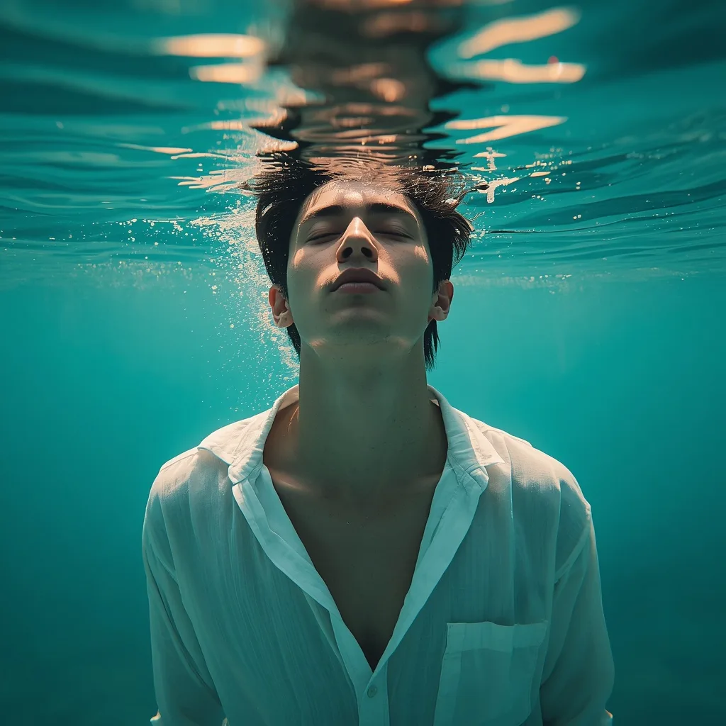Hyper-realistic Meditative Underwater Portrait of a Man in Serene Aqua – men's luxury lifestyle ai prompts – AI generated example