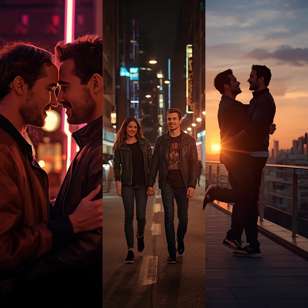 Men's Romantic Couple Collage: Modern Urban Love Frames – Reflective Couple Lakeside Meditations prompts – AI generated example