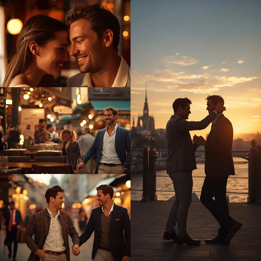 Men's Romantic Couple Collage: Travelogue of European Charm – Reflective Couple Lakeside Meditations prompts – AI generated example