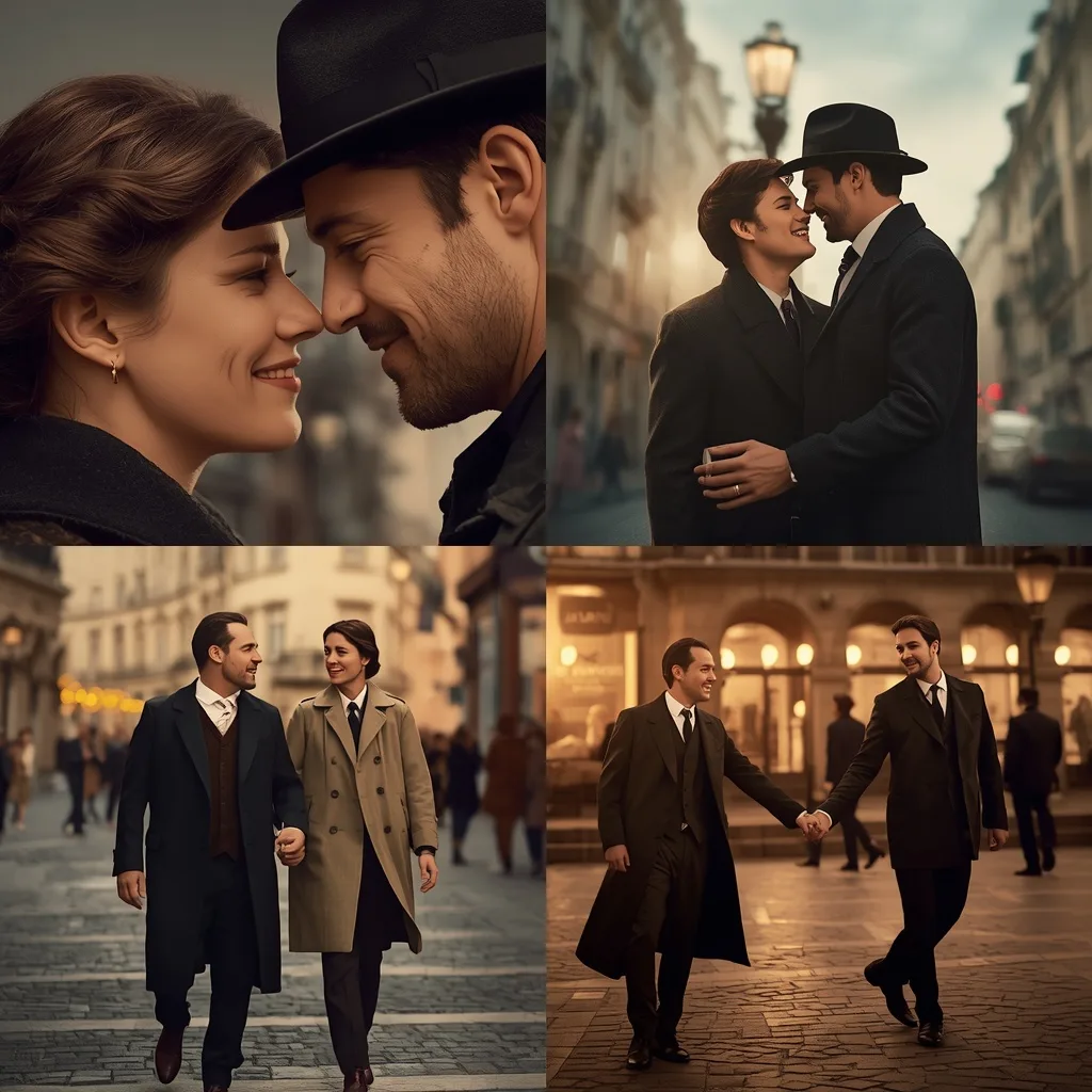 Men's Romantic Couple Collage: Vintage City Stroll – Reflective Couple Lakeside Meditations prompts – AI generated example
