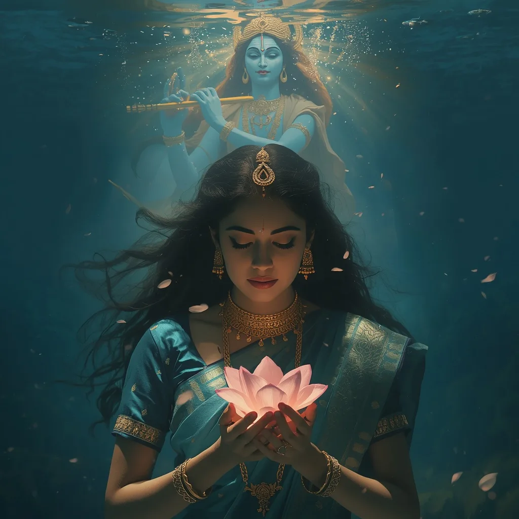 Mystical Underwater Vision with Lord Krishna and Lotus – Girl in Saree Pic in English Image Clarity prompts – AI generated example
