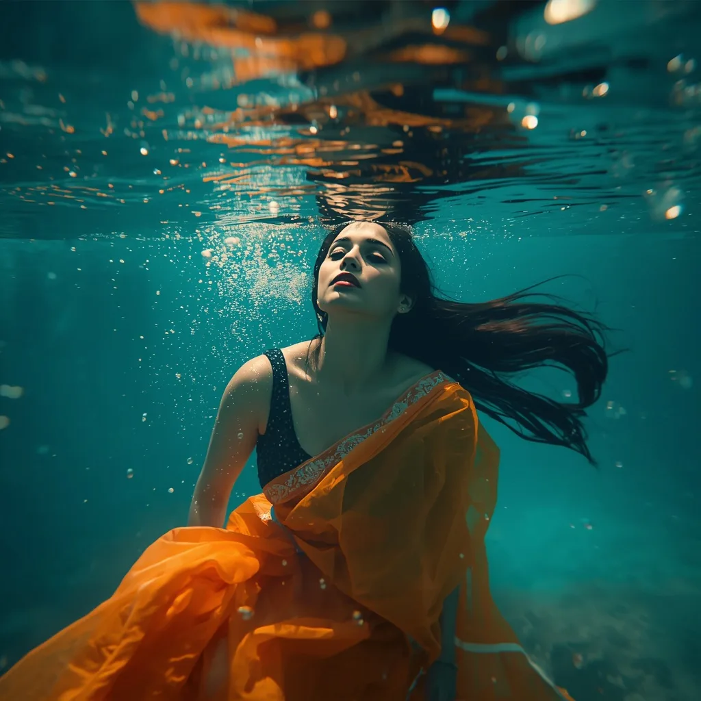 Mystical Woman in Orange Saree Submerged in Turquoise Water – Girl in Saree Pic in English Image Clarity prompts – AI generated example
