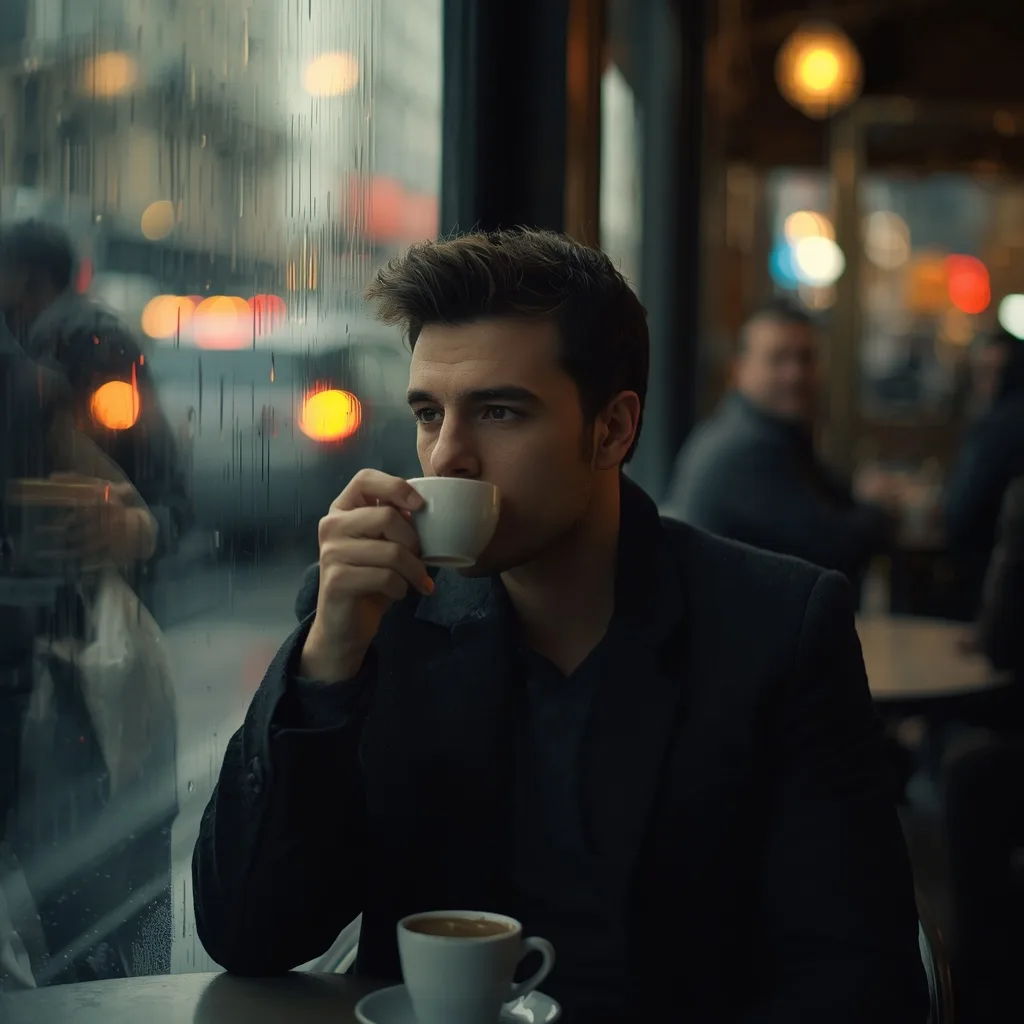 Pensive Man in a Bustling City Cafe with a Cup of Coffee and Rainy Window – men's luxury lifestyle ai prompts – AI generated example