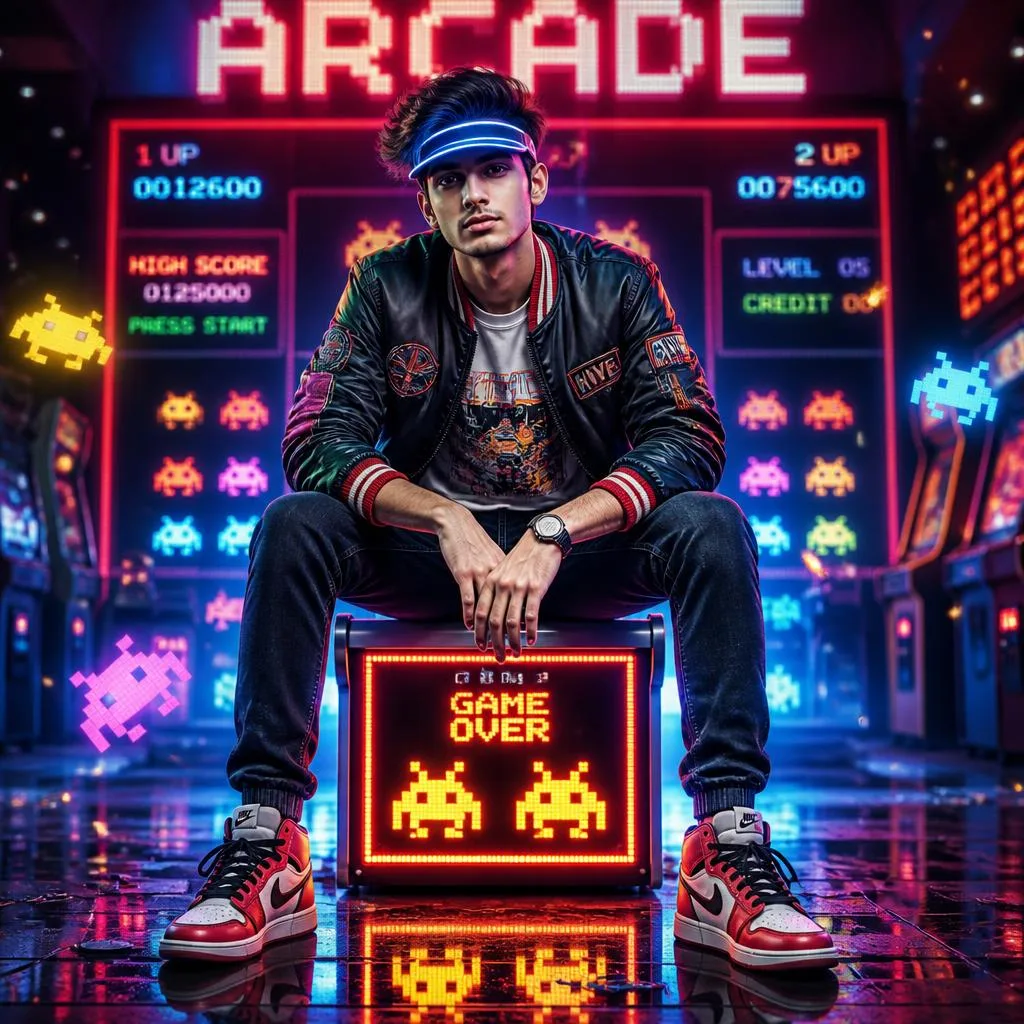 Retro Arcade Hero: A Neon Gaming Icon Portrait – cinematic ai prompts – AI generated example
