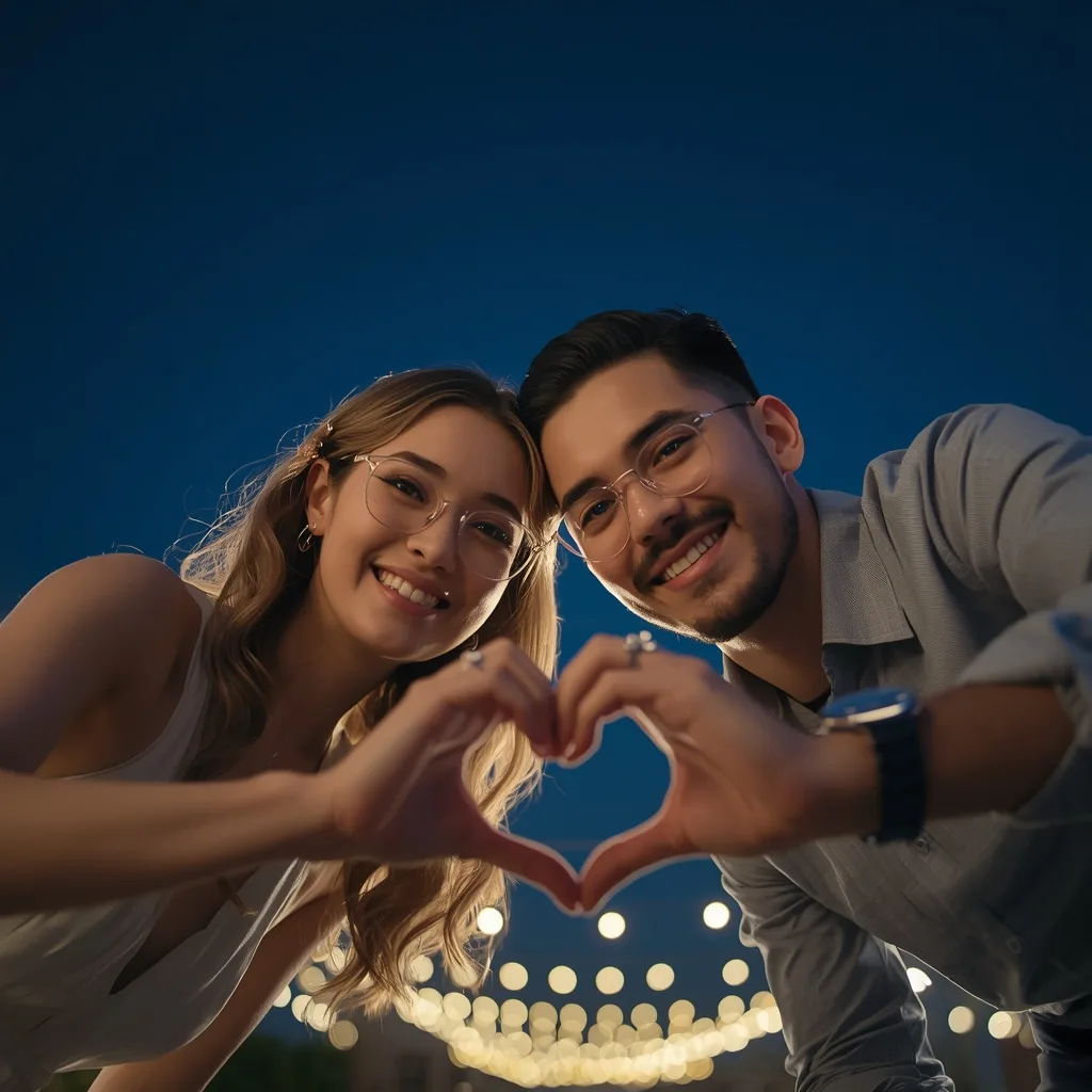 Romantic Couple's Low-Angle: Hand-Heart under Twinkling Lights – Reflective Couple Lakeside Meditations prompts – AI generated example