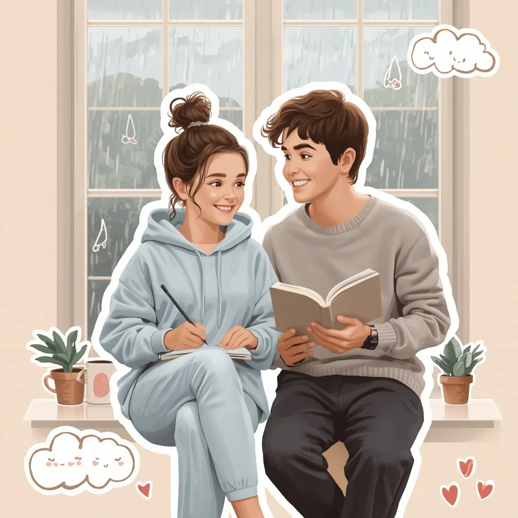 Romantic Couple's Pastel Sticker Art: Cozy Rainy Day Fun – Reflective Couple Lakeside Meditations prompts – AI generated example
