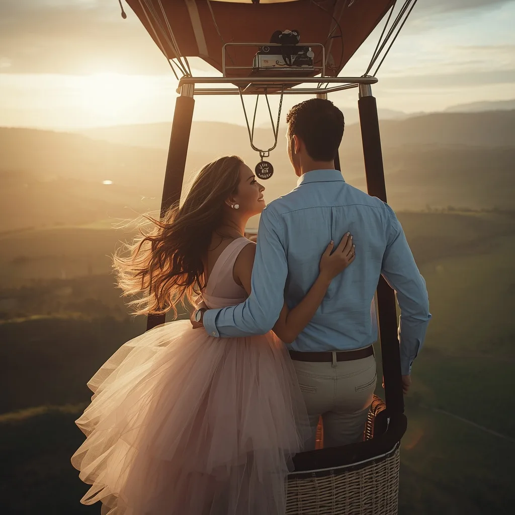 Romantic Couple's Pre-Wedding: Hot Air Balloon Adventure – Reflective Couple Lakeside Meditations prompts – AI generated example