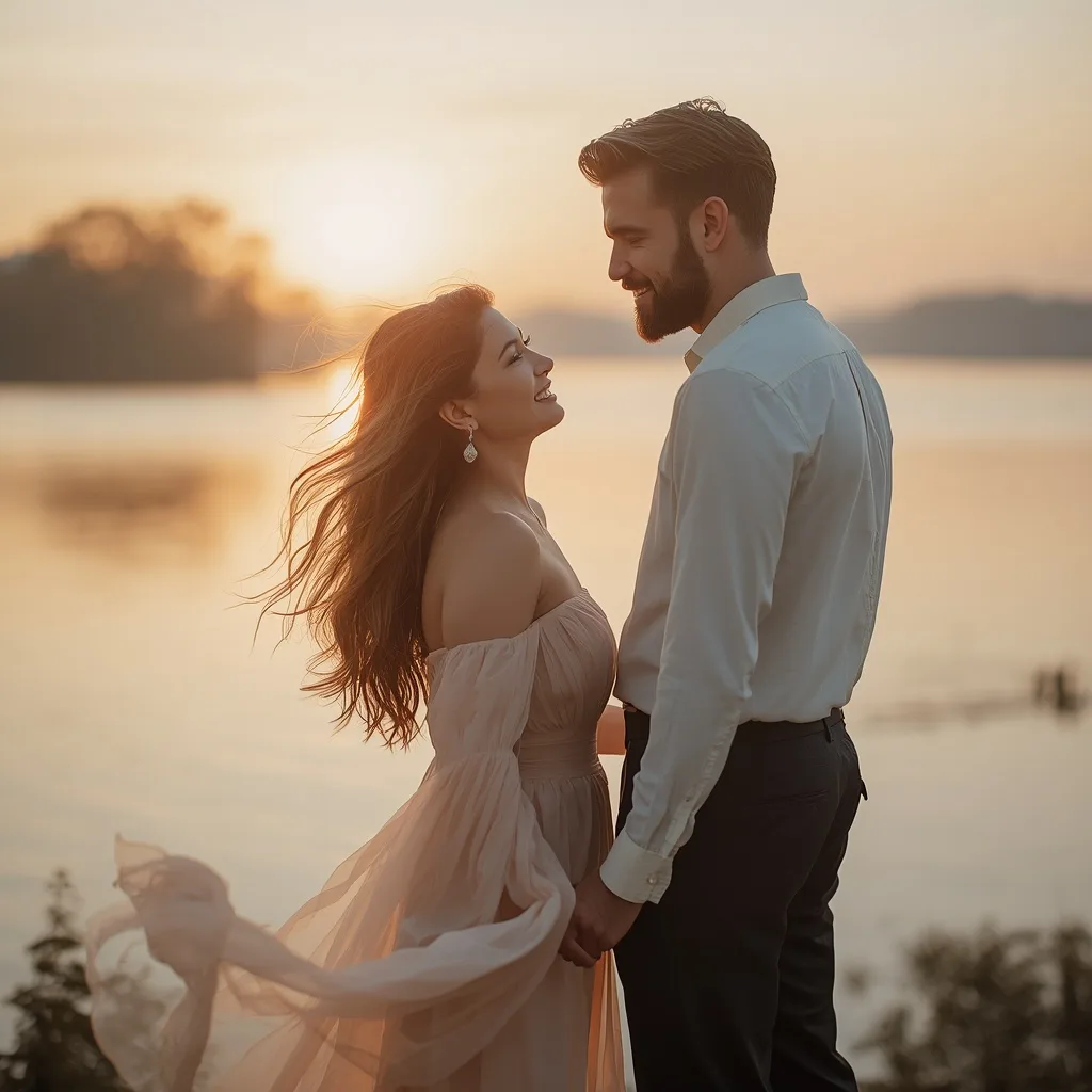 Romantic Couple's Pre-Wedding: Lakeside Serenity at Dawn – Reflective Couple Lakeside Meditations prompts – AI generated example