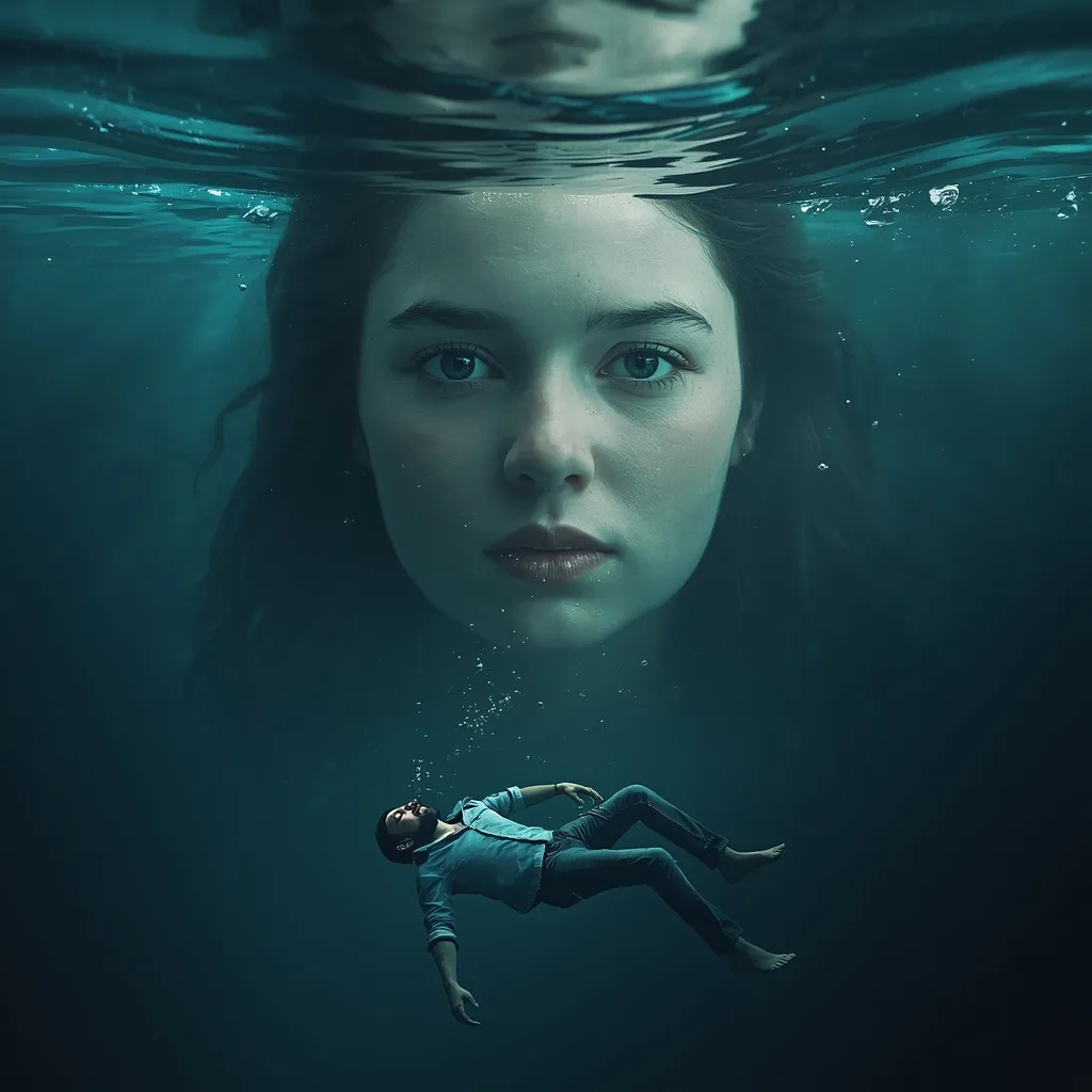 Surreal Underwater Love Story: Giant Woman's Face and Man's Dreamy Float – men's luxury lifestyle ai prompts – AI generated example