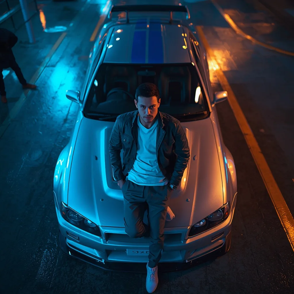 Ultra-Realistic Full-Body Portrait of a Man in a Japanese Street Racing Scene with a Nissan Skyline – men's luxury lifestyle ai prompts – AI generated example