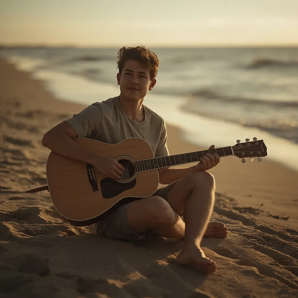 Young Man Playing Acoustic Guitar on a Sunny Beach at Golden Hour – men's luxury lifestyle ai prompts – AI generated example