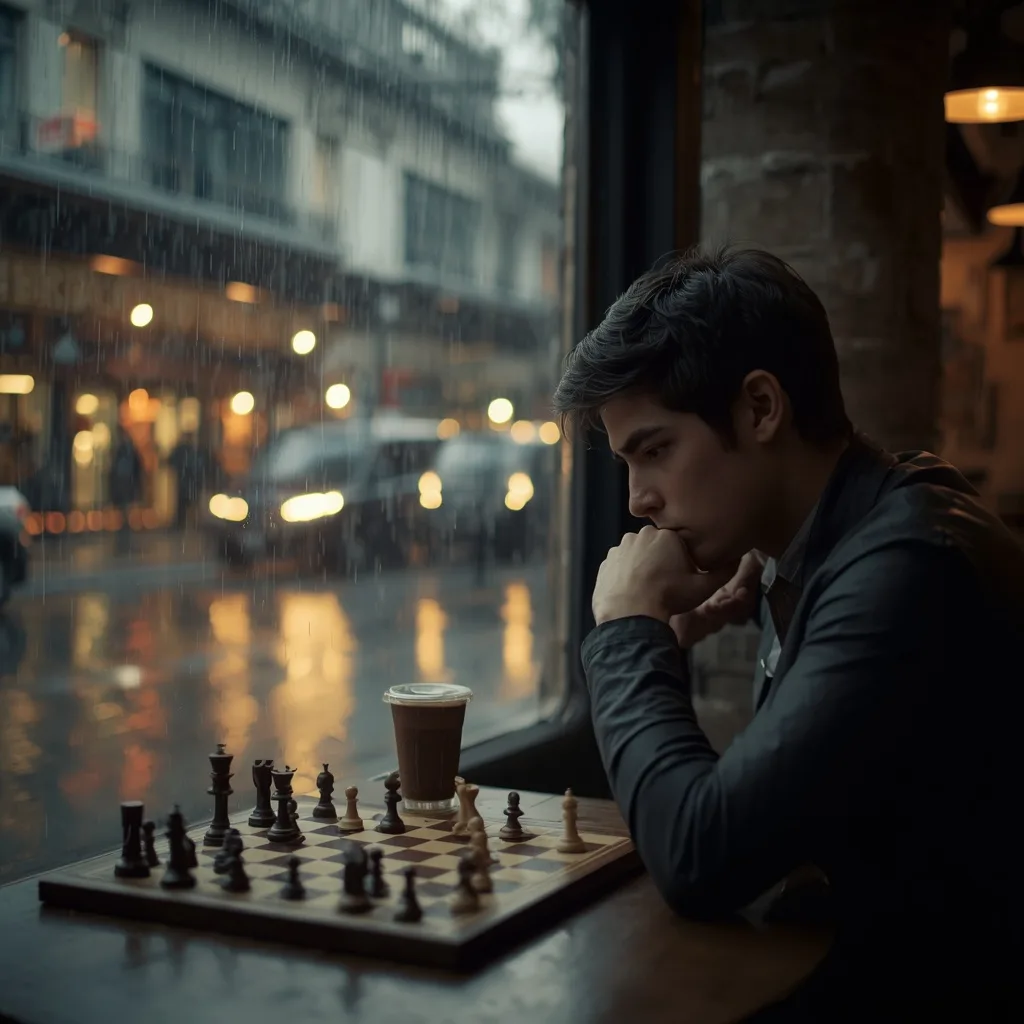 Young Man Playing Chess in a Cafe with a Rainy Street View – men's luxury lifestyle ai prompts – AI generated example