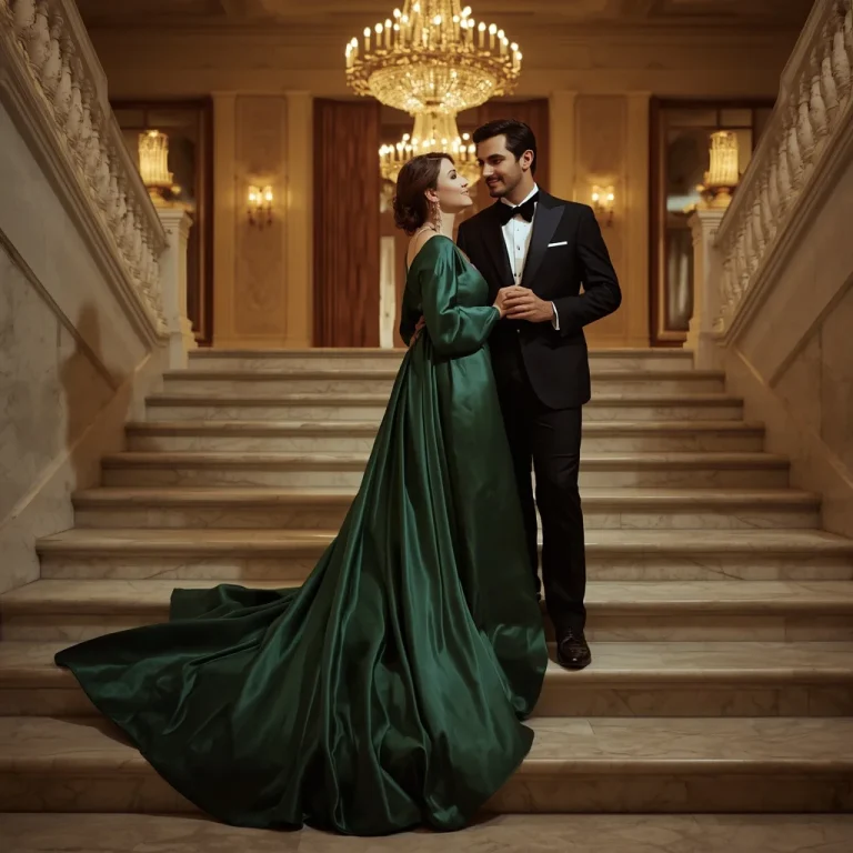 A romantic couple posing on a grand marble staircase | Cinematic Couple Prompt