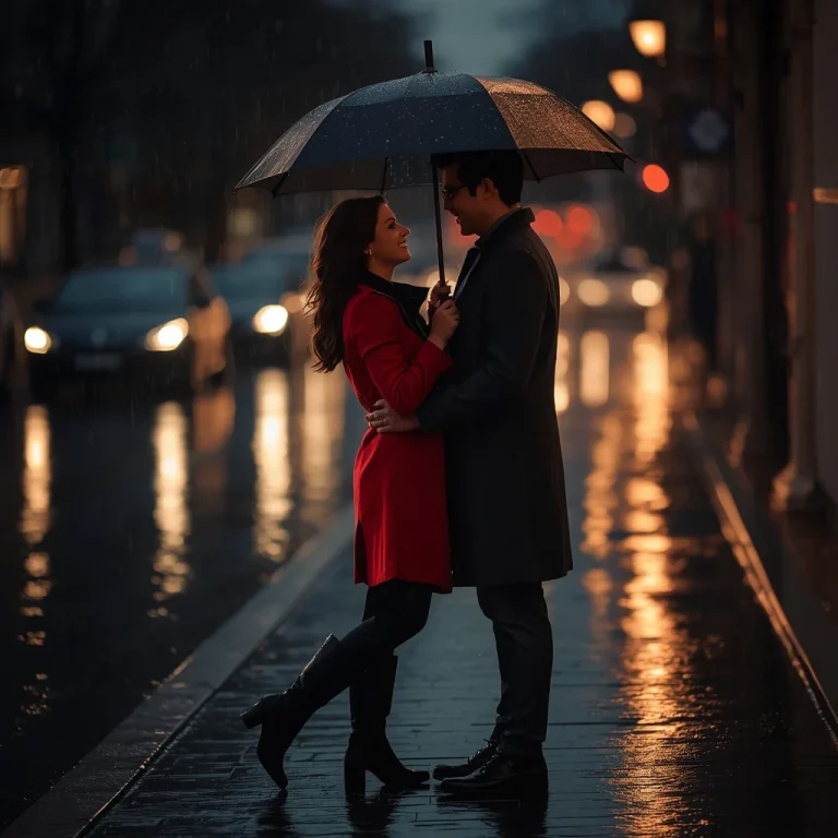 A romantic couple sharing an umbrella in the rain | Romantic Couple Prompt