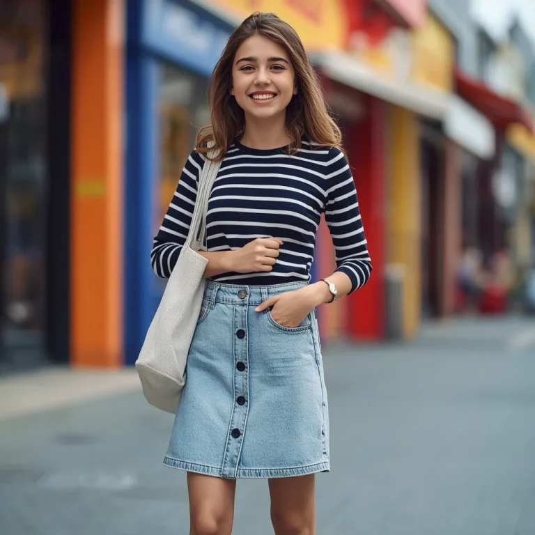 Casual Chic Girl in a Denim Skirt and Striped Top | traditional prompt for gemini ai girl instagram