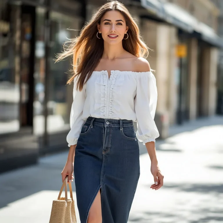 Chic City Style: A Woman in a Denim Skirt and White Top | saree ai prompt
