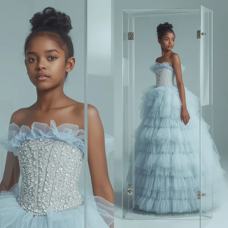 Chic Pastel Organza Ruffle Gown In Glass Panels | Premium Floating Glass