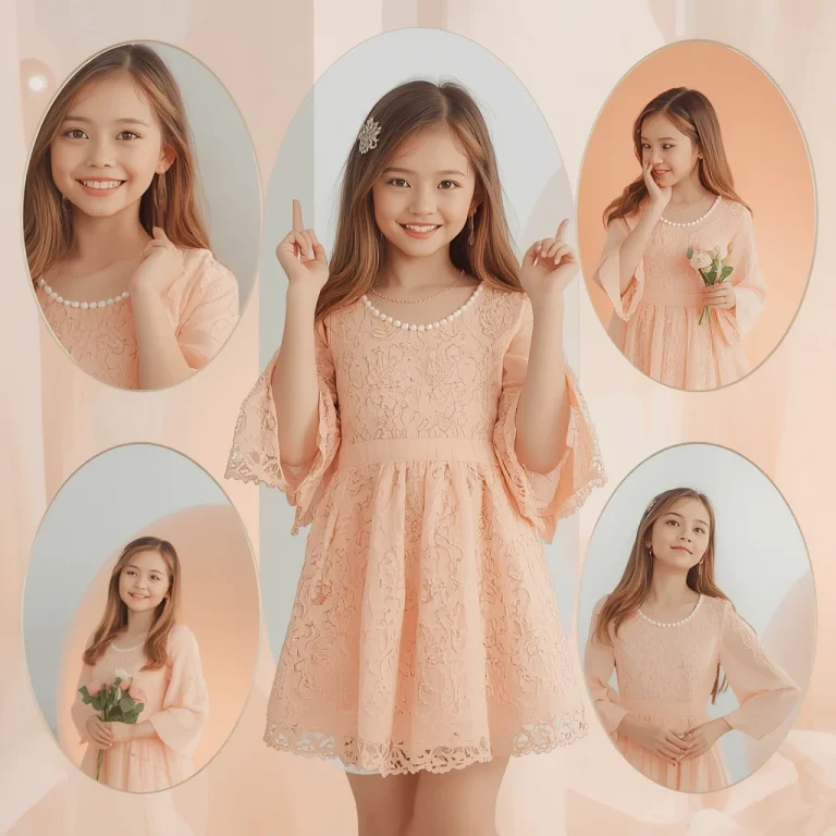Cute Girl In Pastel Peach Lace Mini Dress | Delightful Sweet Collage