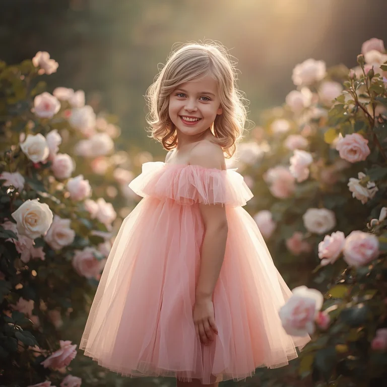 Cute Girl In Soft Pink Tulle Ruffle Party Dress | Whimsical Romantic Portrait