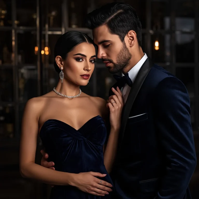 High Fashion Romantic Couple Wearing Velvet Evening Wear | Hot couple prompt generator
