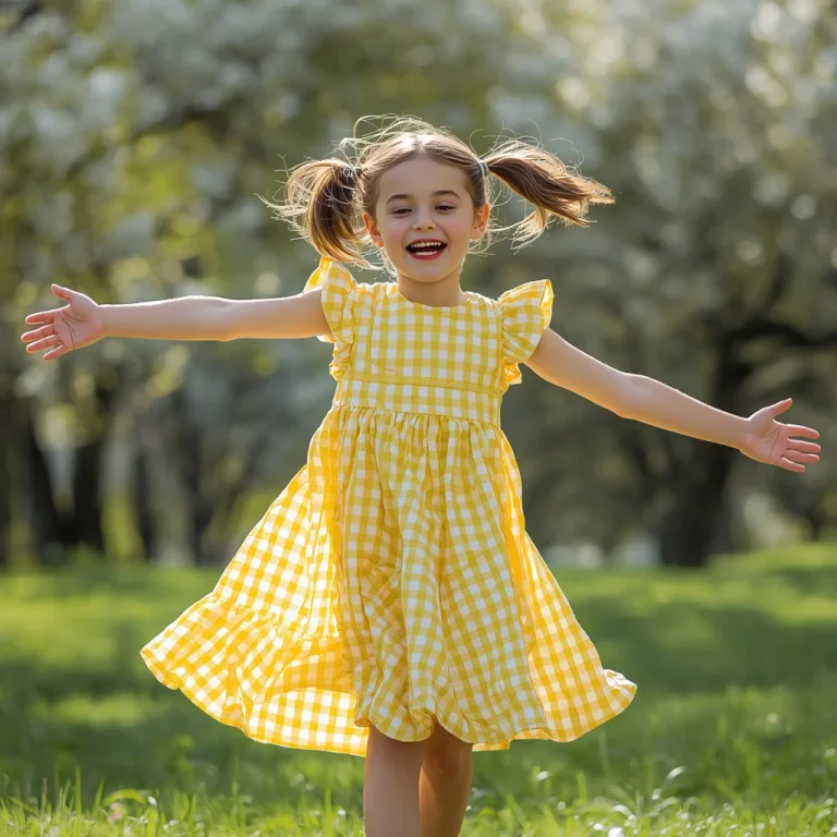 Joyful Girl in a Yellow Gingham Dress for a Sunny Outdoor Scene | Girl Love Prompt