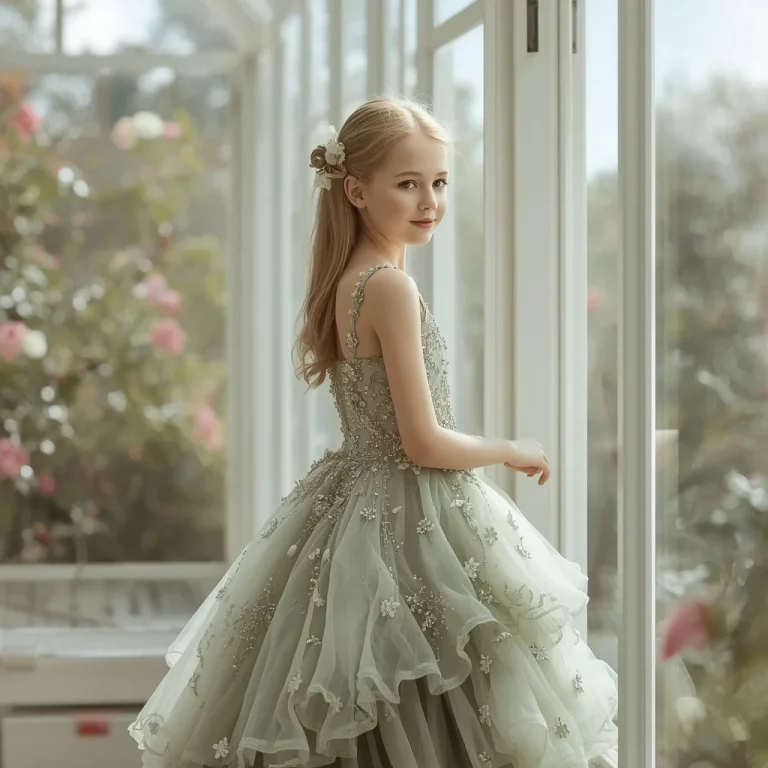 Modern Glasshouse Natural Light Sage Green Ruffle Dress | Photorealistic Girl Sage