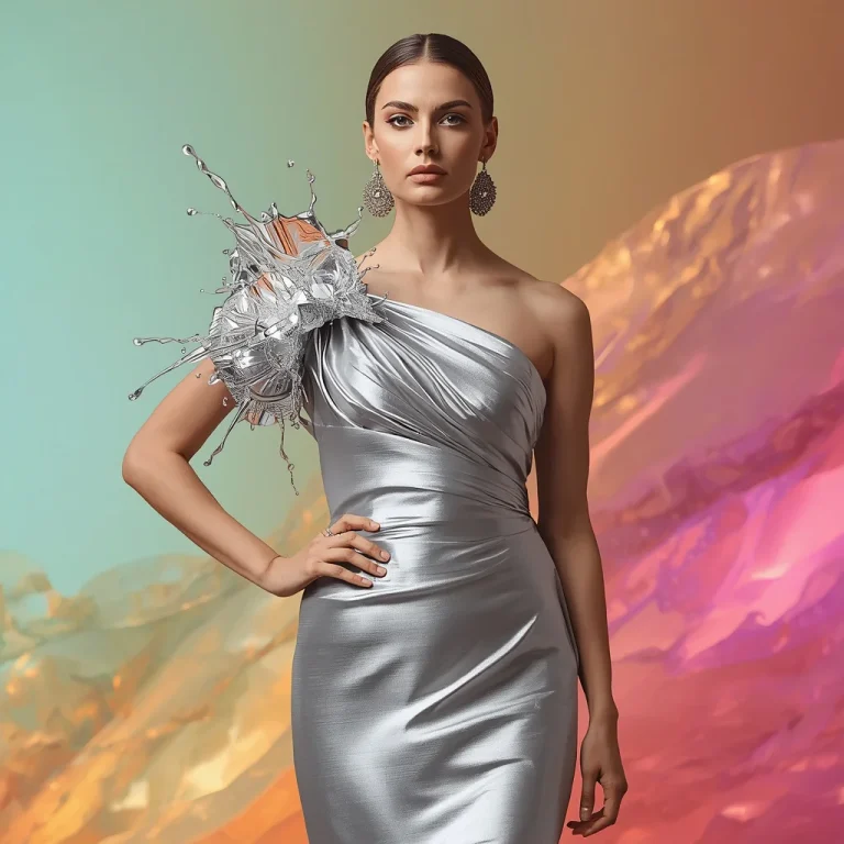 Molten Silver Splash: High-Fashion Party Dress | Prompt seen girl photo editing
