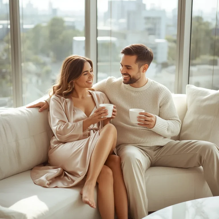 Romantic Couple In Elegant Pastel Silk Lounge Wear | Prompt seen romantic Couple AI photo Editing online