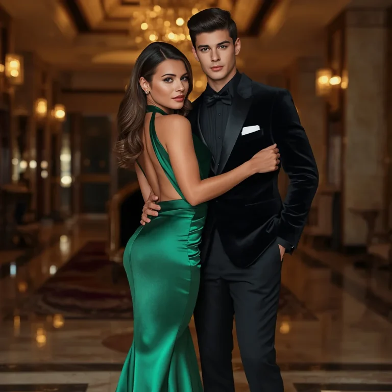 Romantic Couple In Glamorous Emerald and Black Outfits | Romantic hot couple AI prompts