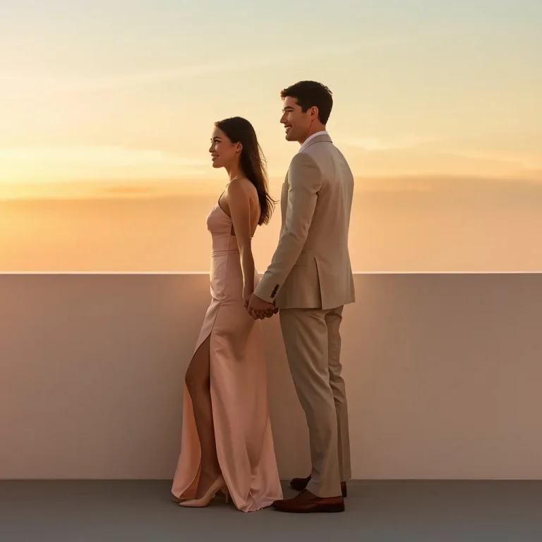 Romantic Couple In Pastel Silk Evening Wear At Sunset | Romantic Couple Captured