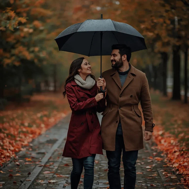 Romantic Couple Sharing Umbrella In Beautiful Autumn Park | Romantic Couple Prompts