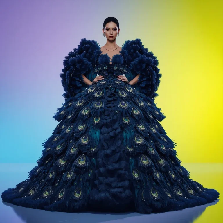 Royal-Fusion Peacock Plume Gown with Emeralds | Attitude girl prompt