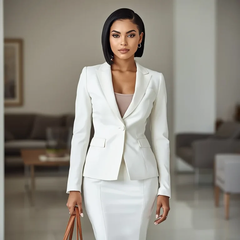Sleek Professional: A Woman in a White Tailored Skirt Suit | ai gemini prompt